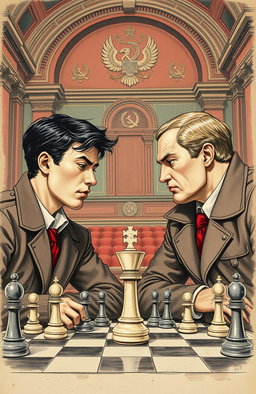 A vintage drawing depicting two young men engaged in a game of chess