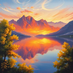 An exquisite oil painting of a serene landscape featuring a calm lake reflecting the vibrant colors of a sunset