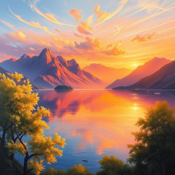 An exquisite oil painting of a serene landscape featuring a calm lake reflecting the vibrant colors of a sunset