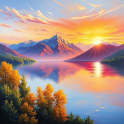 An exquisite oil painting of a serene landscape featuring a calm lake reflecting the vibrant colors of a sunset