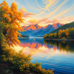 An exquisite oil painting of a serene landscape featuring a calm lake reflecting the vibrant colors of a sunset