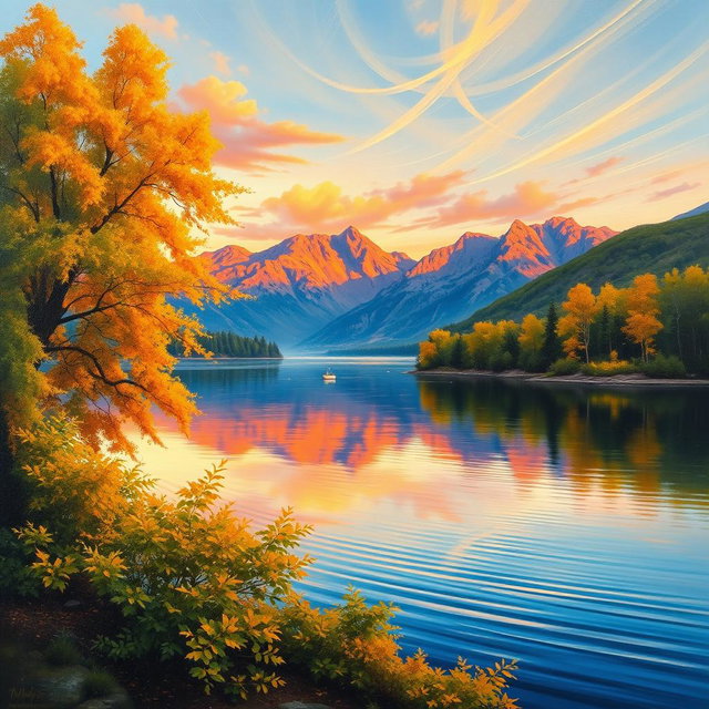 An exquisite oil painting of a serene landscape featuring a calm lake reflecting the vibrant colors of a sunset