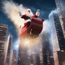 A dramatic scene of Santa's sleigh crashing into a towering skyscraper, creating an explosion of snow and sparkles, against the backdrop of a lit night sky.