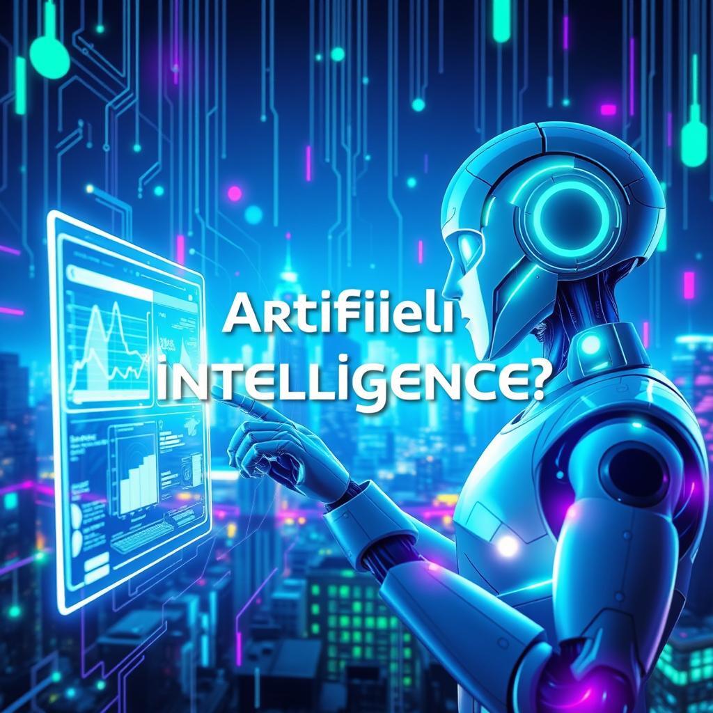 A captivating cover design for a video focused on artificial intelligence, showcasing a dynamic digital landscape filled with abstract shapes and flowing data streams