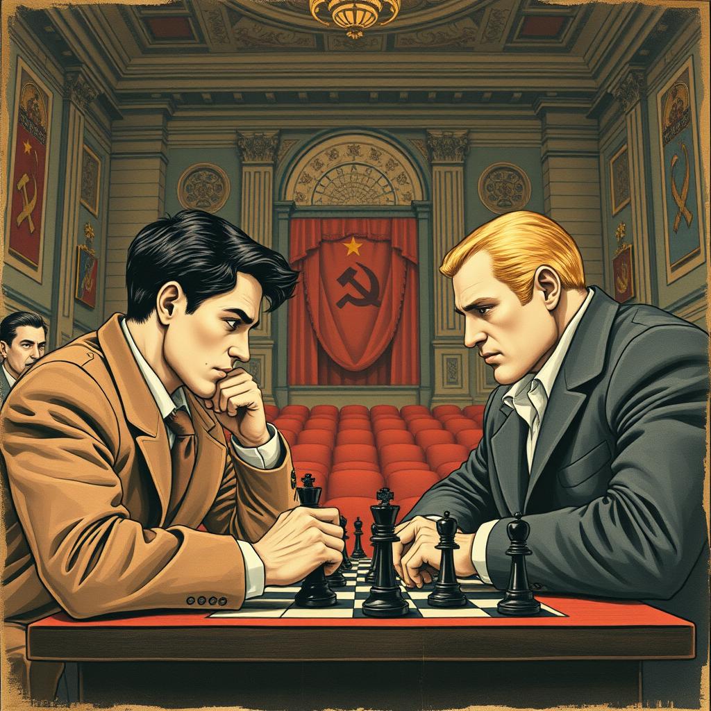 A vintage drawing showcasing two young men engaged in a tense chess match
