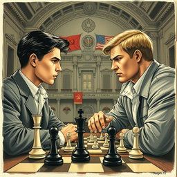 A vintage drawing showcasing two young men engaged in a tense chess match