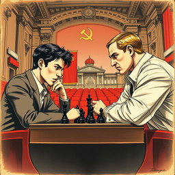A vintage drawing showcasing two young men engaged in a tense chess match