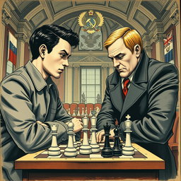 A vintage drawing showcasing two young men engaged in a tense chess match