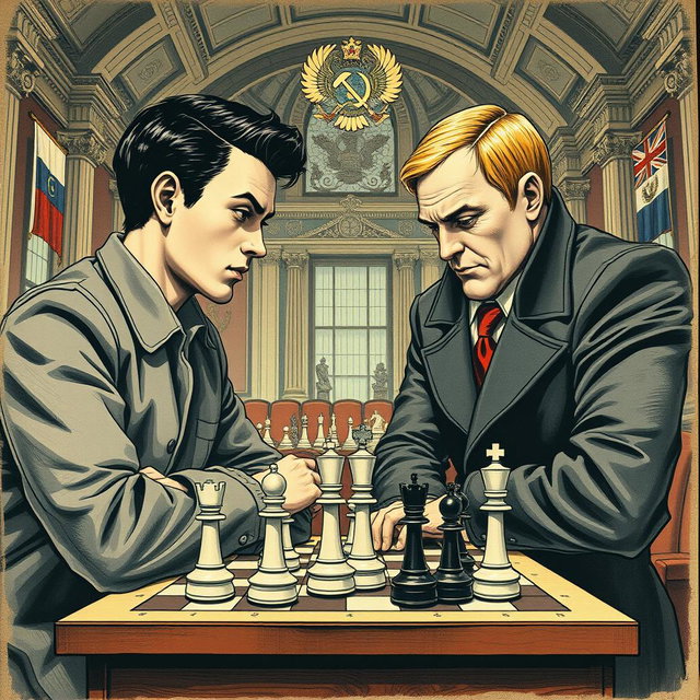 A vintage drawing showcasing two young men engaged in a tense chess match
