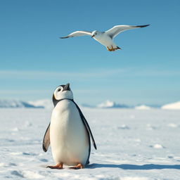 A cute penguin standing on a snowy landscape gazing up at a seagull flying gracefully in the bright blue sky