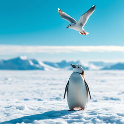 A cute penguin standing on a snowy landscape gazing up at a seagull flying gracefully in the bright blue sky