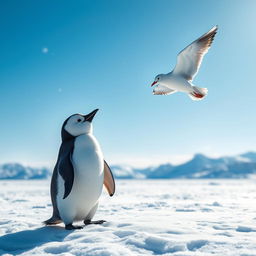 A cute penguin standing on a snowy landscape gazing up at a seagull flying gracefully in the bright blue sky
