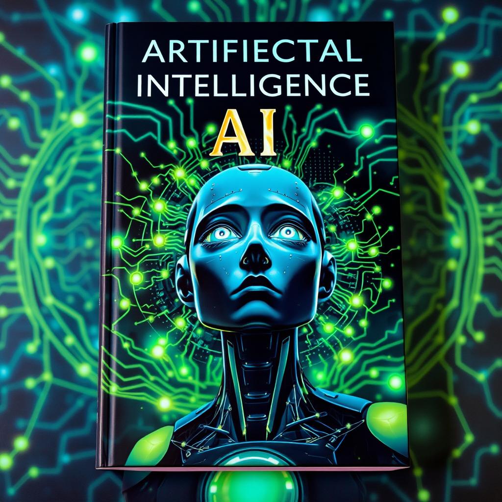 A captivating book cover design for a title on artificial intelligence, featuring an abstract representation of a neural network intertwined with glowing circuits