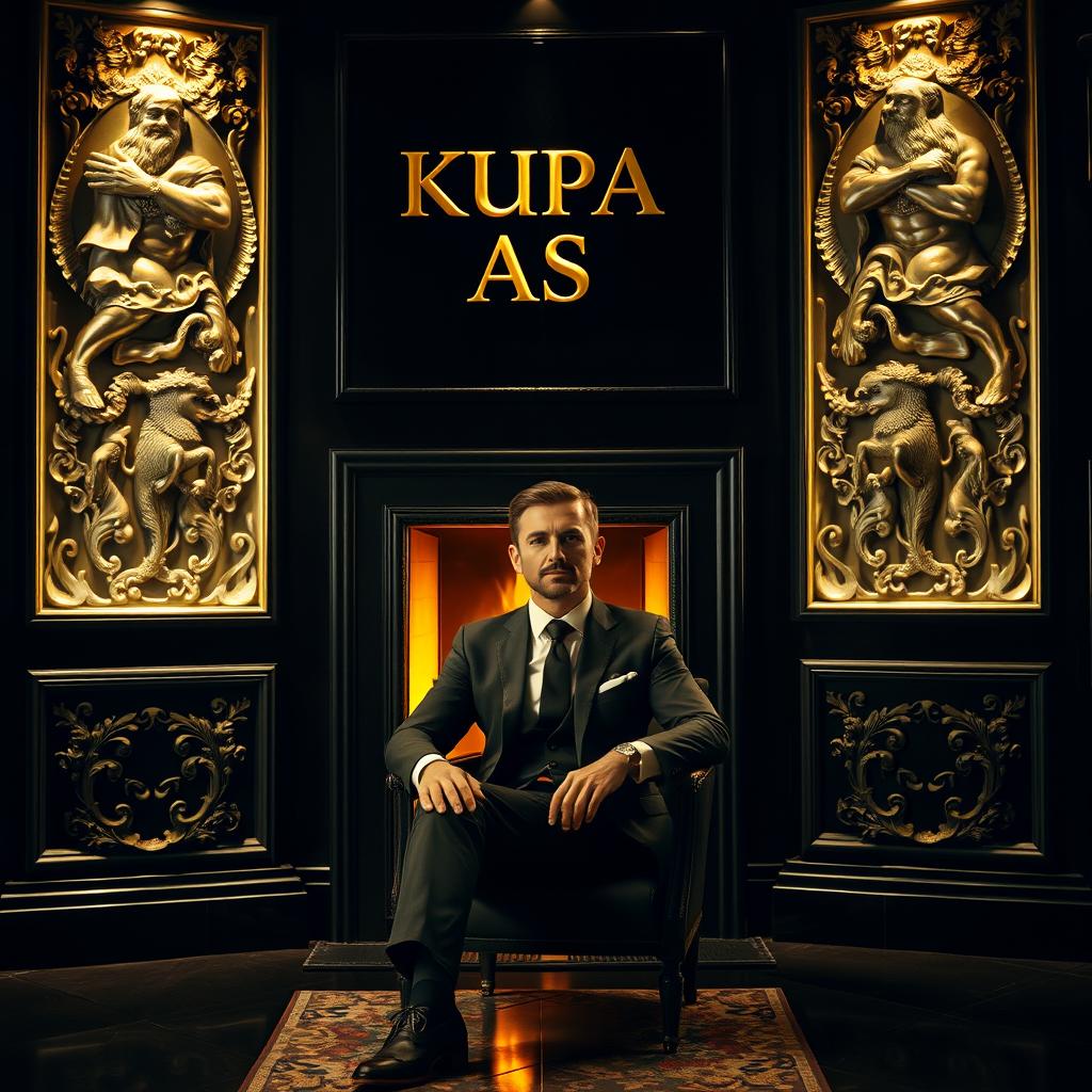 A handsome man in a tailored suit sitting comfortably by a fireplace in a stunning black room