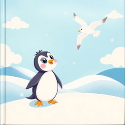 A whimsical illustration of a cute penguin standing on a snowy landscape, gazing up with wide eyes at a seagull flying joyfully in the bright blue sky