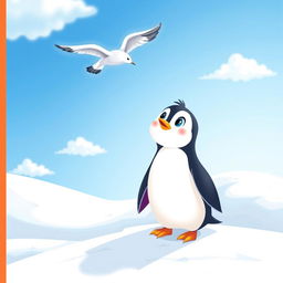 A whimsical illustration of a cute penguin standing on a snowy landscape, gazing up with wide eyes at a seagull flying joyfully in the bright blue sky