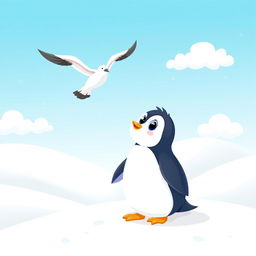 A whimsical illustration of a cute penguin standing on a snowy landscape, gazing up with wide eyes at a seagull flying joyfully in the bright blue sky