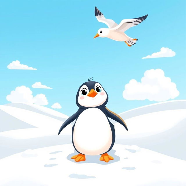 A whimsical illustration of a cute penguin standing on a snowy landscape, gazing up with wide eyes at a seagull flying joyfully in the bright blue sky