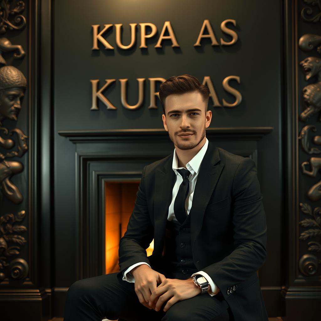 A handsome man in a stylish suit sitting in front of a fireplace in a perfect pitch-black room