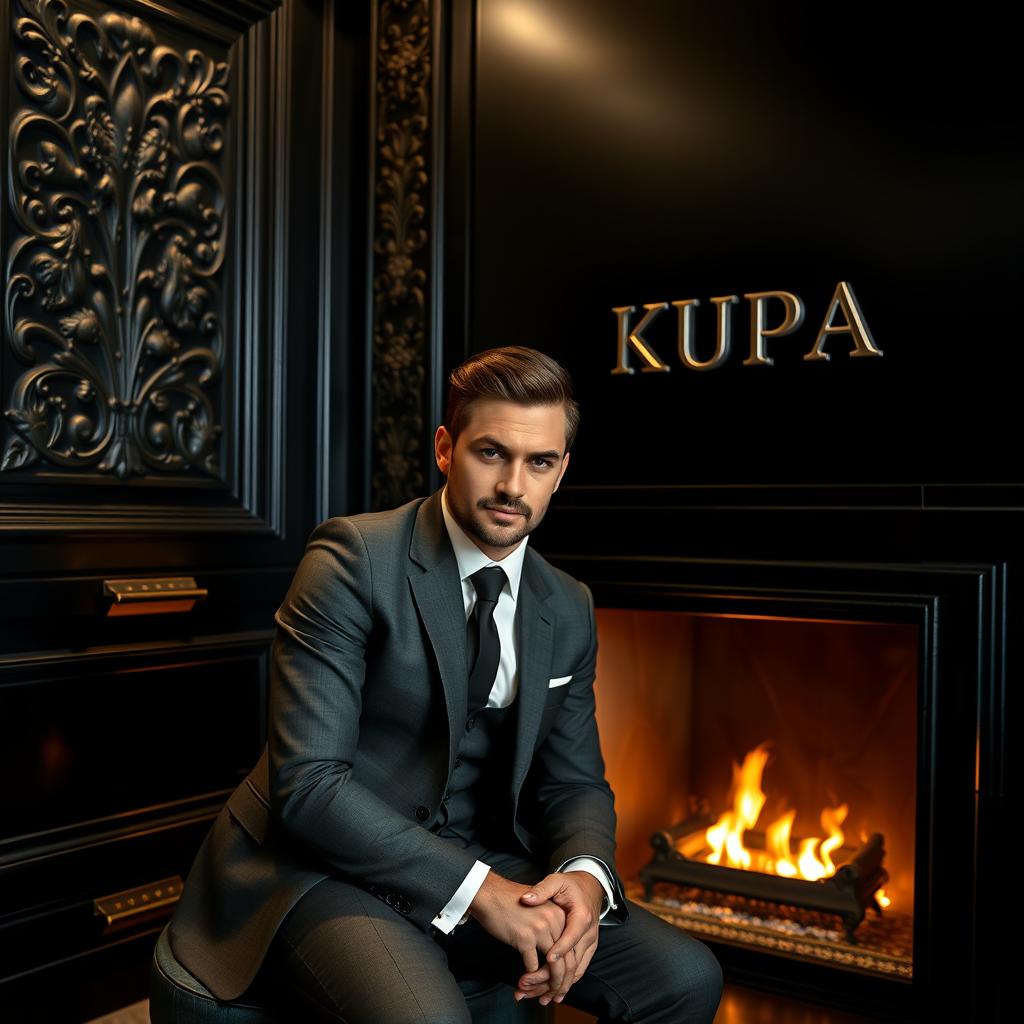 A strikingly handsome man dressed in a sharp suit sitting by a fireplace in a perfectly black room