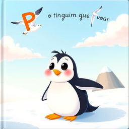 A charming illustrated scene featuring a cute penguin standing on a snowy landscape, gazing up at a seagull soaring through a clear blue sky