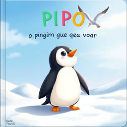 A charming illustrated scene featuring a cute penguin standing on a snowy landscape, gazing up at a seagull soaring through a clear blue sky