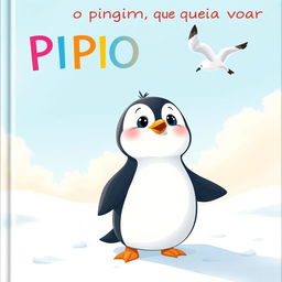 A charming illustrated scene featuring a cute penguin standing on a snowy landscape, gazing up at a seagull soaring through a clear blue sky