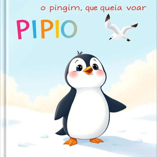 A charming illustrated scene featuring a cute penguin standing on a snowy landscape, gazing up at a seagull soaring through a clear blue sky