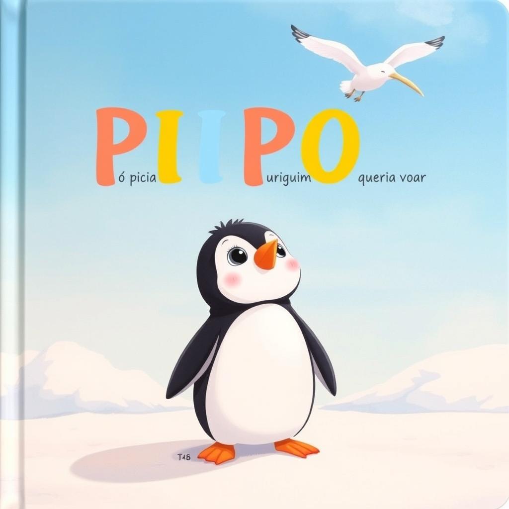 A charming illustrated scene featuring a cute penguin standing on a snowy landscape, gazing up at a seagull soaring through a clear blue sky