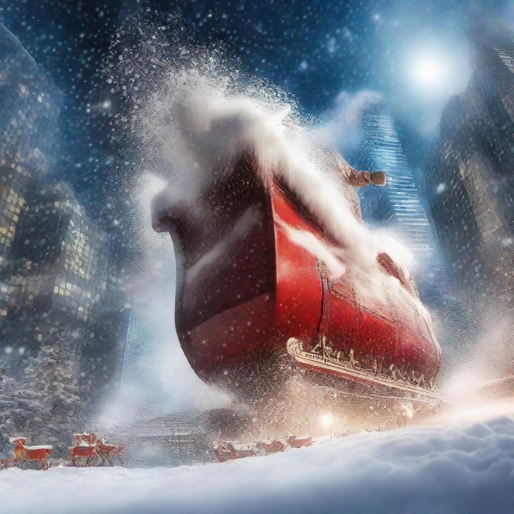 A dramatic scene of Santa's sleigh crashing into a towering skyscraper, creating an explosion of snow and sparkles, against the backdrop of a lit night sky.