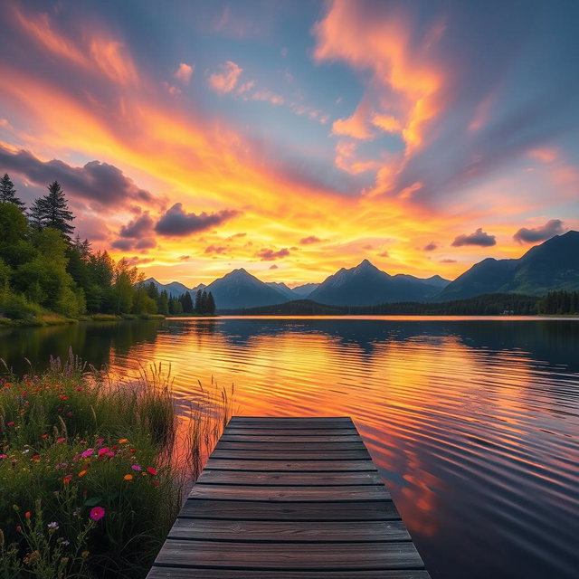 A serene landscape featuring a tranquil lake surrounded by lush green trees and vibrant wildflowers, with a stunning sunset casting warm orange and pink hues across the sky