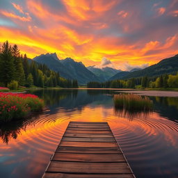 A serene landscape featuring a tranquil lake surrounded by lush green trees and vibrant wildflowers, with a stunning sunset casting warm orange and pink hues across the sky