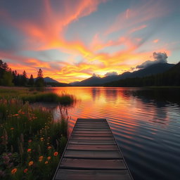 A serene landscape featuring a tranquil lake surrounded by lush green trees and vibrant wildflowers, with a stunning sunset casting warm orange and pink hues across the sky