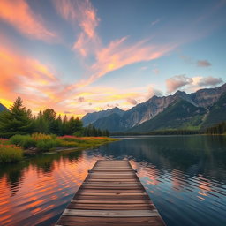 A serene landscape featuring a tranquil lake surrounded by lush green trees and vibrant wildflowers, with a stunning sunset casting warm orange and pink hues across the sky