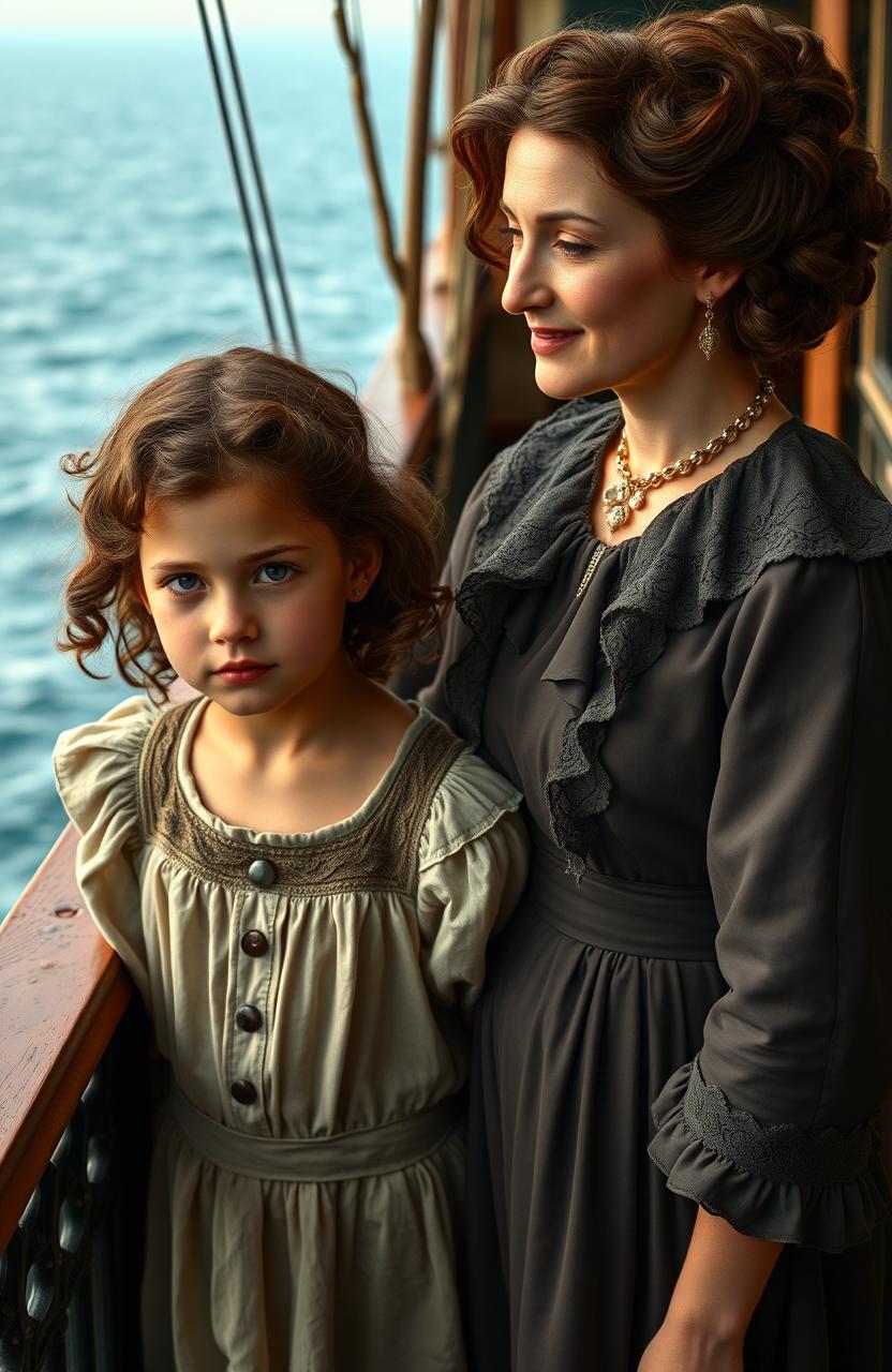 A poignant scene set in 1912, depicting a young orphan girl on the Titanic with a compassionate woman
