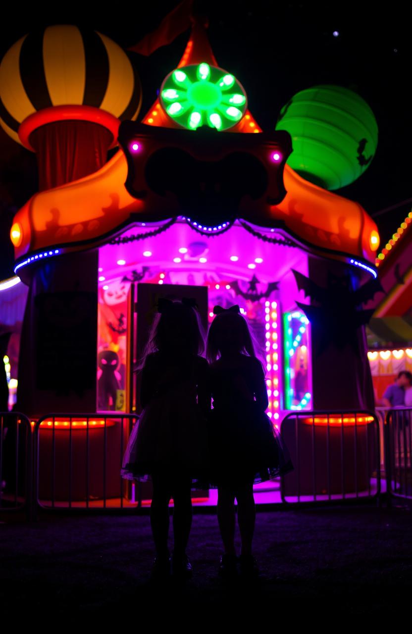 The silhouette of two girls standing outside a whimsical funhouse at a Halloween carnival
