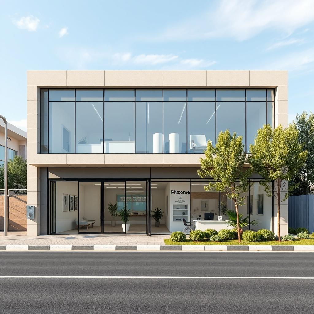 A two-story modern and functional medical clinic designed for a small city like Evaz, Iran, as viewed from the road