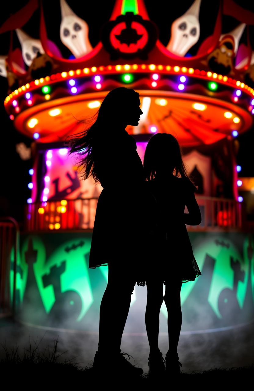 The silhouette of two girls standing outside a vibrant Halloween carnival funhouse, illuminated with colorful lights