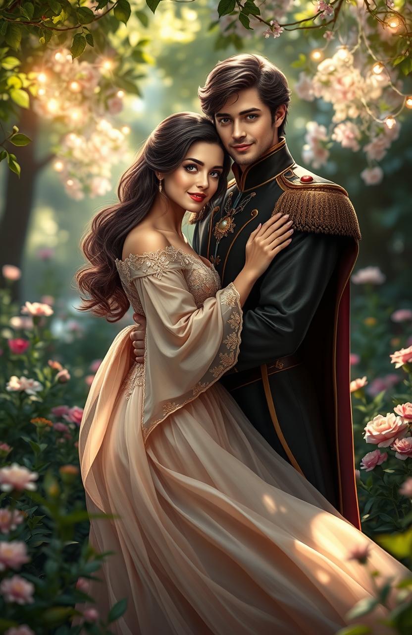 A romantic scene depicting a brunette young woman in a flowing elegant dress, embracing a handsome prince dressed in regal attire