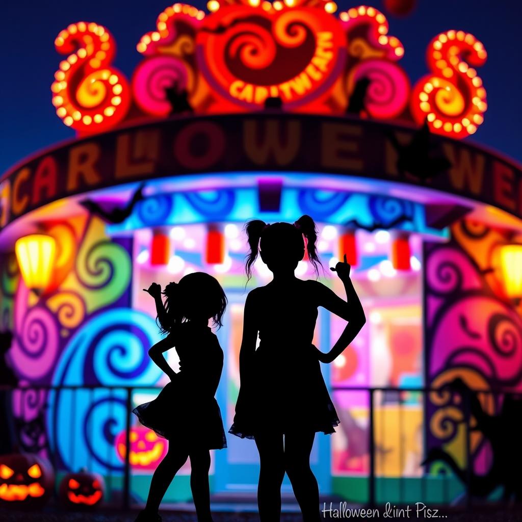 The silhouette of two girls standing outside a colorful Halloween carnival funhouse, featuring swirling designs and spooky decorations
