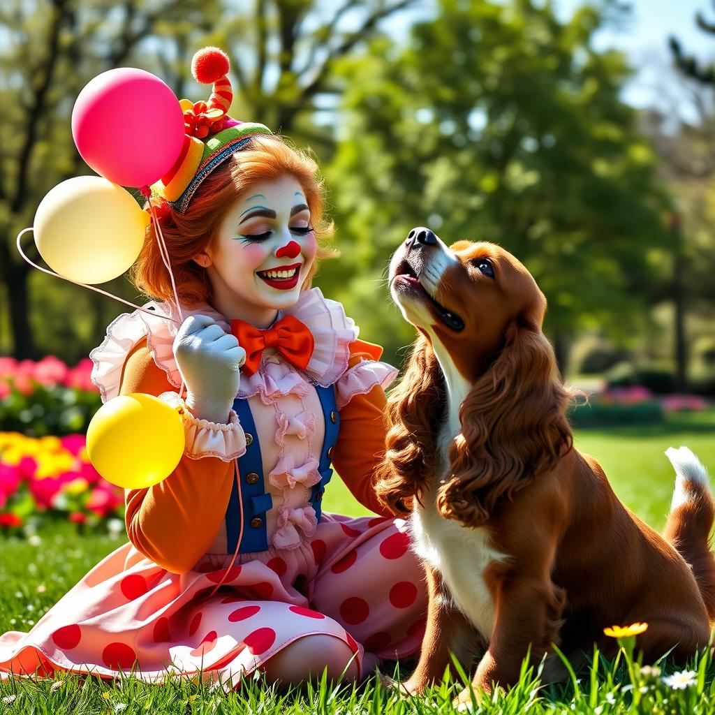 A beautiful ginger-haired clown girl with an elegant costume and cheerful makeup, joyfully interacting with a playful Springer Spaniel dog