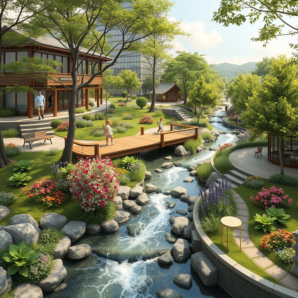 A design concept for an urban park inspired by the culture and architecture of Ozou, incorporating natural elements such as flowing water streams, wooden bridges, and flower gardens