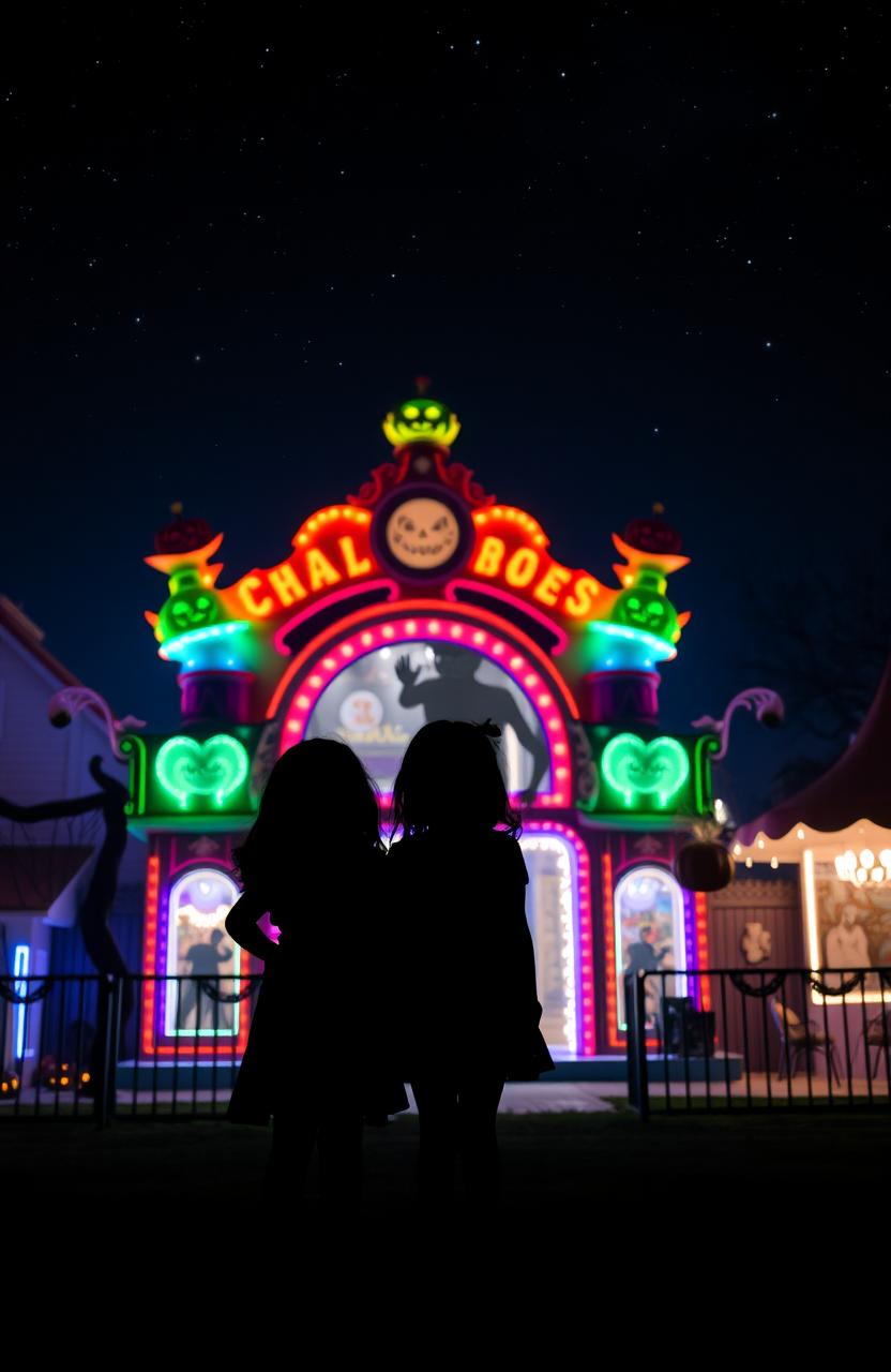 The silhouette of two girls standing outside a vibrant and spooky funhouse at a Halloween carnival, decorated with colorful lights and eerie Halloween decorations like pumpkins and cobwebs