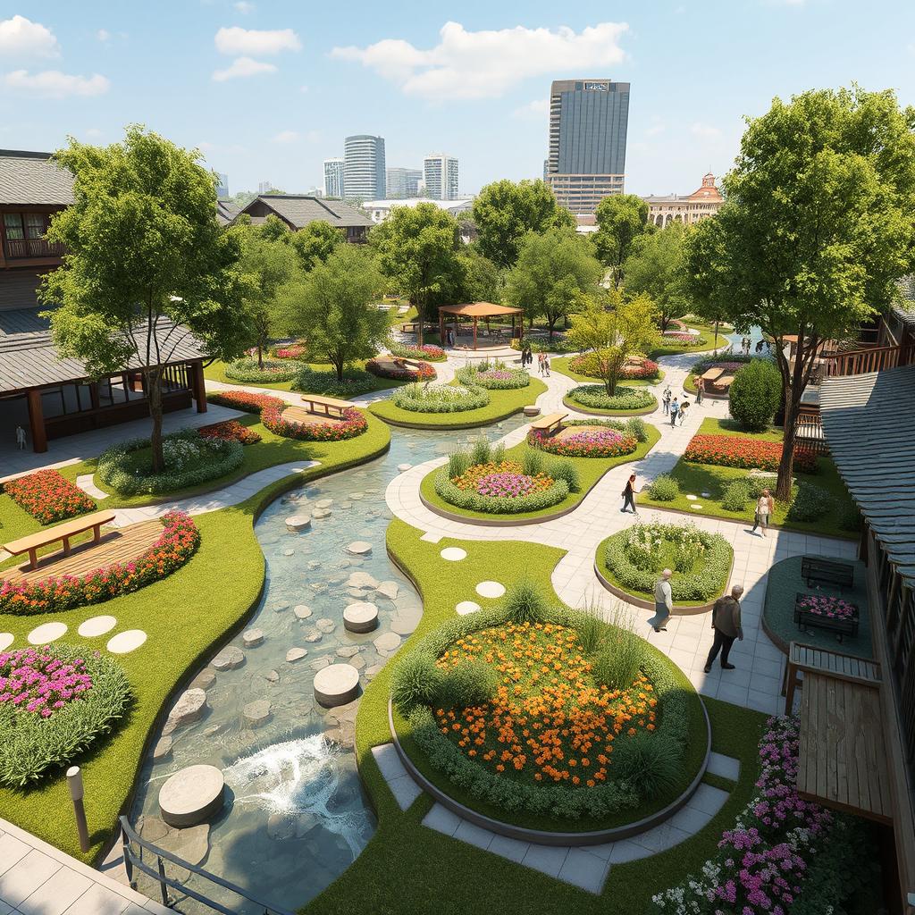 A design concept for an urban park inspired by the culture and architecture of Ozou, featuring natural elements such as gentle flowing water streams, wooden bridges, and well-maintained flower garden beds