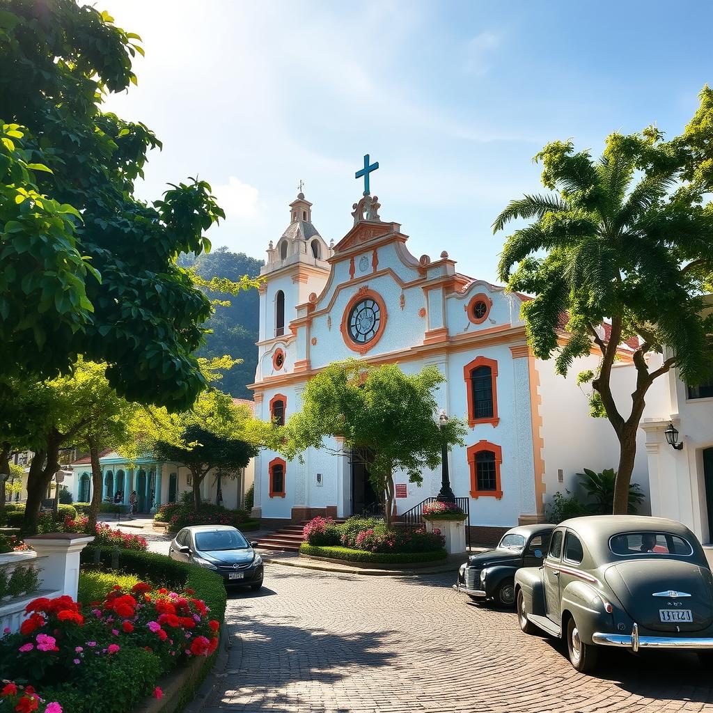 A picturesque view of a historic church in Paraty, Brazil, set in the year 1940