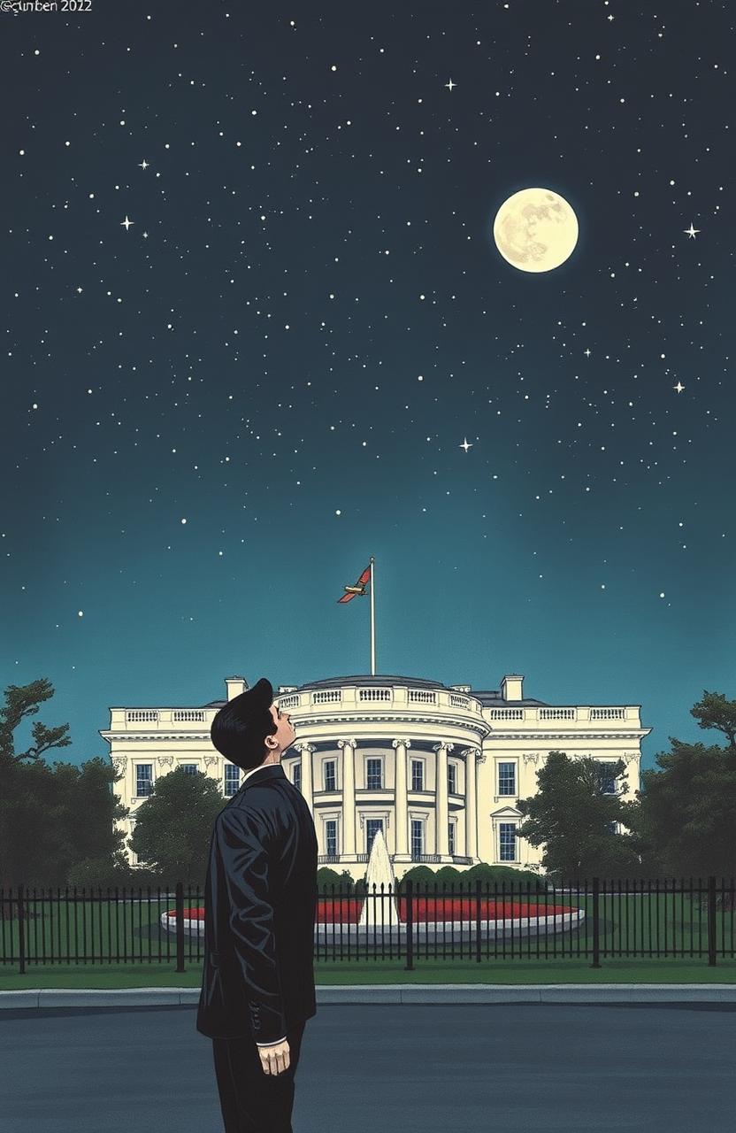 A vintage drawing of the White House at night, under a starry sky filled with twinkling stars and a bright white moon shining down