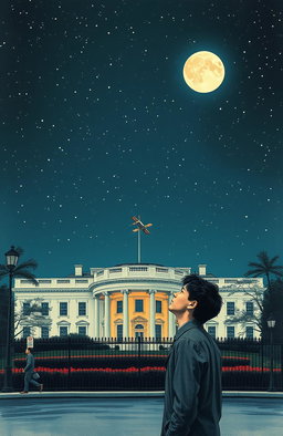 A vintage drawing of the White House at night, under a starry sky filled with twinkling stars and a bright white moon shining down