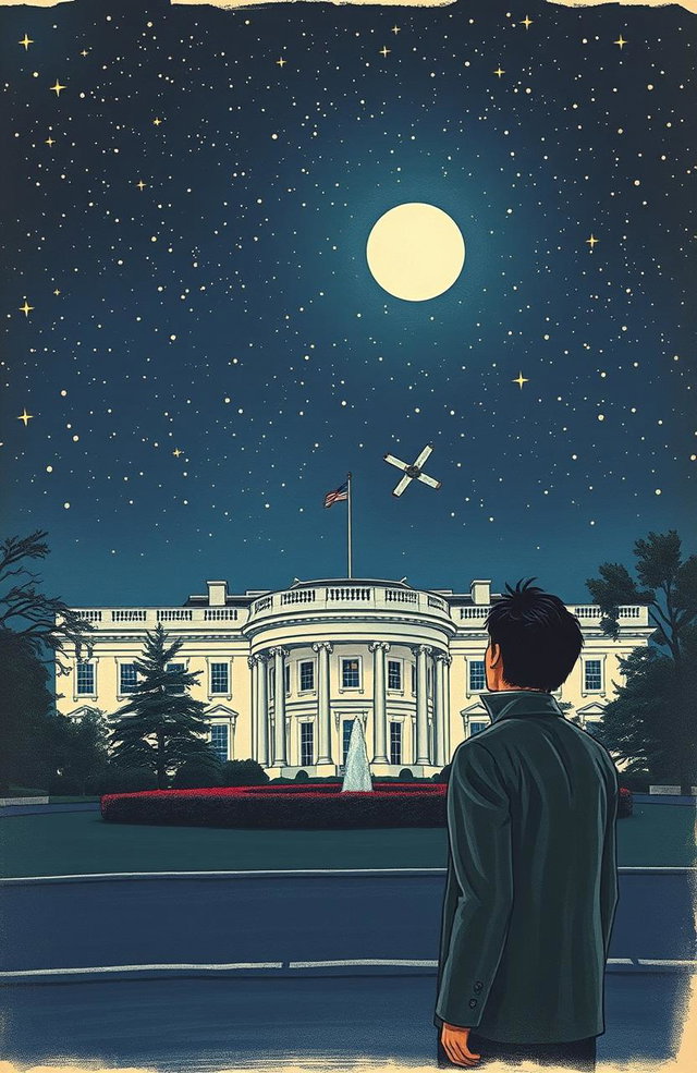 A vintage drawing of the White House at night, under a starry sky filled with twinkling stars and a bright white moon shining down