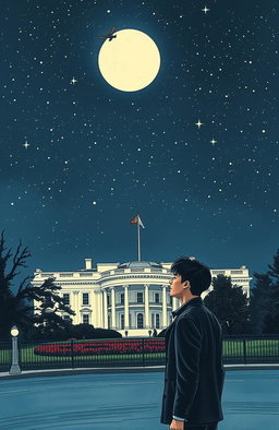 A vintage drawing of the White House at night, under a starry sky filled with twinkling stars and a bright white moon shining down