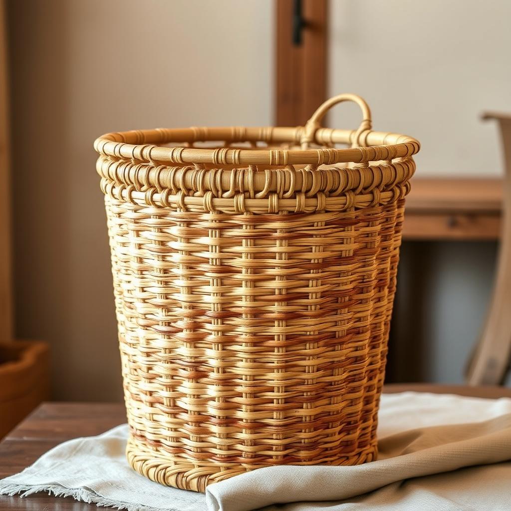 A beautifully woven bamboo hamper basket, showcasing intricate patterns and natural textures